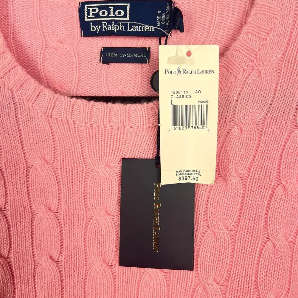 Vintage Polo Ralph Lauren NWT Pink Cashmere Cable Knit Crewneck Sweater L FLAW